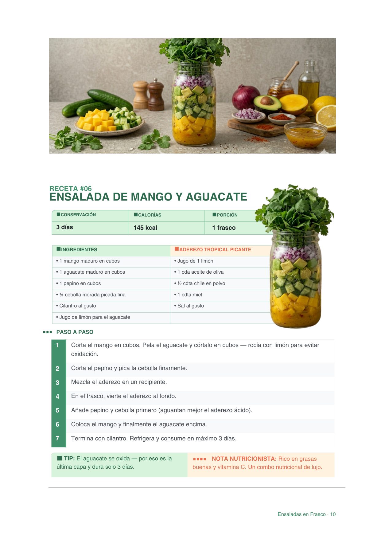 Página interior del ebook: receta de ensalada con su aderezo, calorías y paso a paso