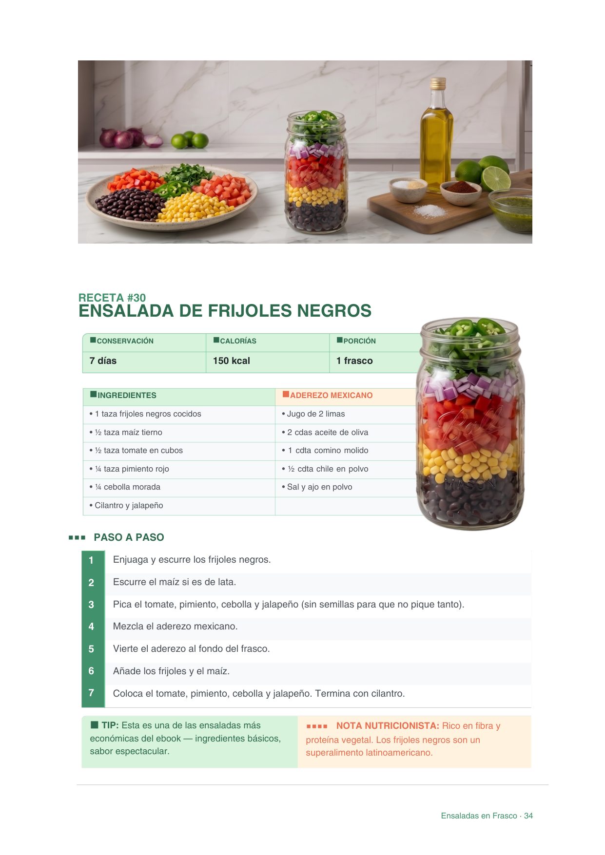 Página interior del ebook: receta de ensalada de frijoles negros con aderezo mexicano